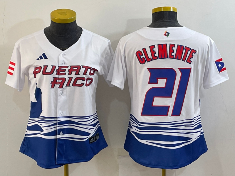 Women's White Puerto Rico Baseball #21 Roberto Clemente 2023 World Baseball Classic Stitched Jersey(Run Small)